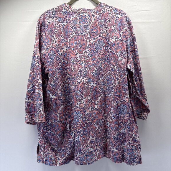 Talbots Women's Top Plus 1X Paisley Pink Blue Popover 3/4 Sleeves Cotton Light - Picture 2 of 9